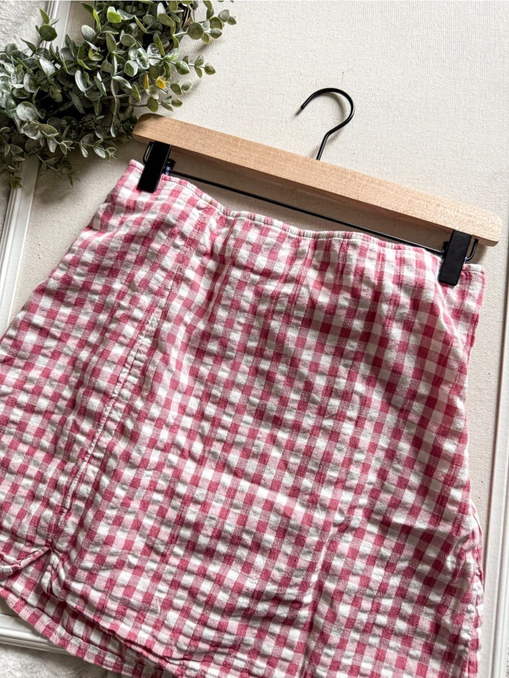 American Eagle Pink Gingham Mini Skirt Ruched Side Cottagecore M